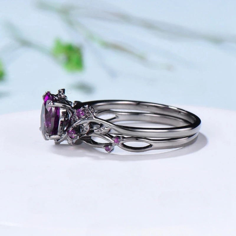 Elegant women's retro style purple gemstone ring gun black rose branch cross two-piece set classic wedding fashion jewelry