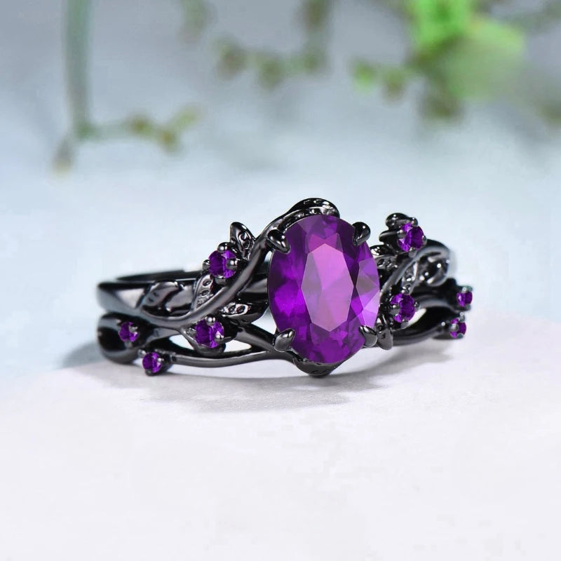 Elegant women's retro style purple gemstone ring gun black rose branch cross two-piece set classic wedding fashion jewelry